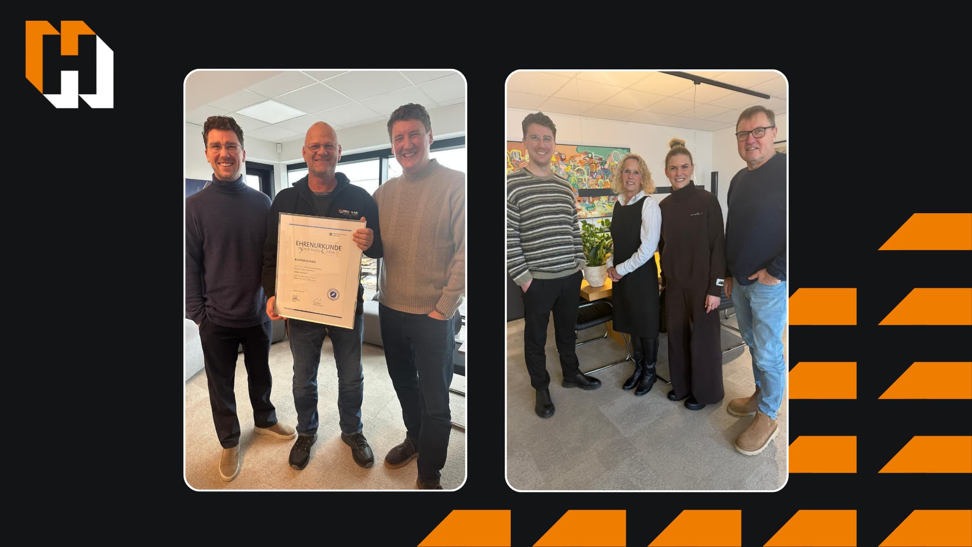 Rainer Elsner und Brigitte Schott lächeln mit der Geschäftsführung der Henke AG in die Kamera.