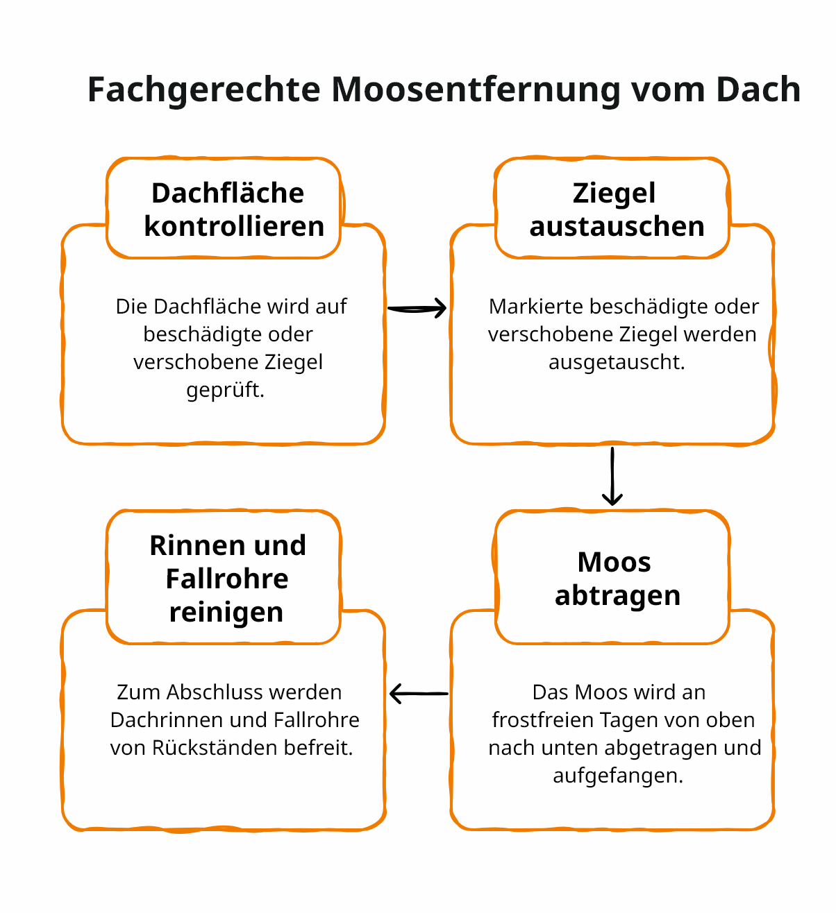 Schaubild von den vier Schritten einer fachgerechten Moosentfernung am Dach.